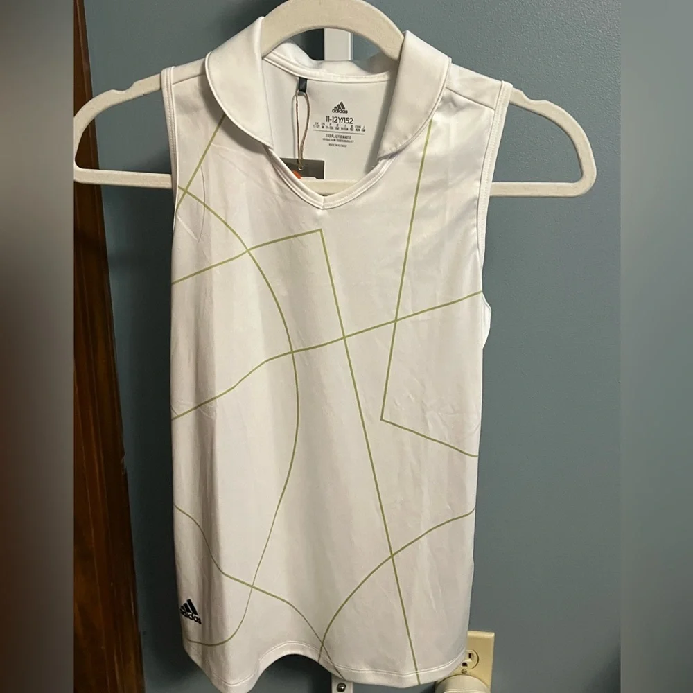 Adidas White Tank Polo Shirt with Subtle Green Lines NWT Medium 11-12